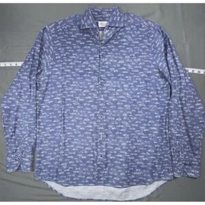 Stenströms Shirt Mens XL Blue Car Print Cotton Long Sleeve Button Up Slim Fit